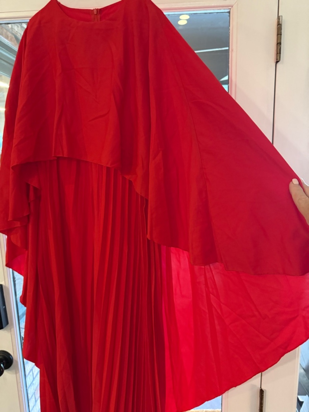 Red Pleated Cape Evening Dress